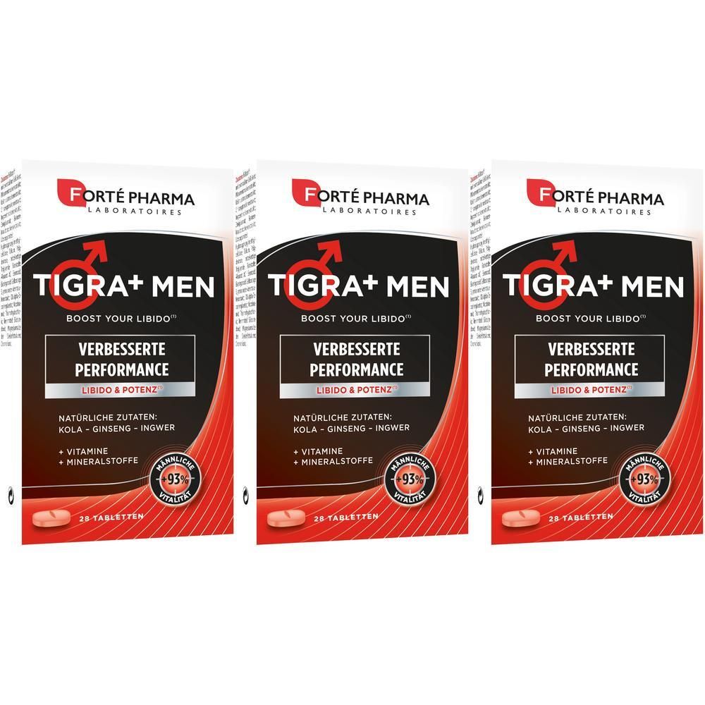 Drei Packungen Forté Pharma Tigra+ Men Tabletten mit roten und schwarzen Designs. Enthält 20 Tabletten pro Packung.