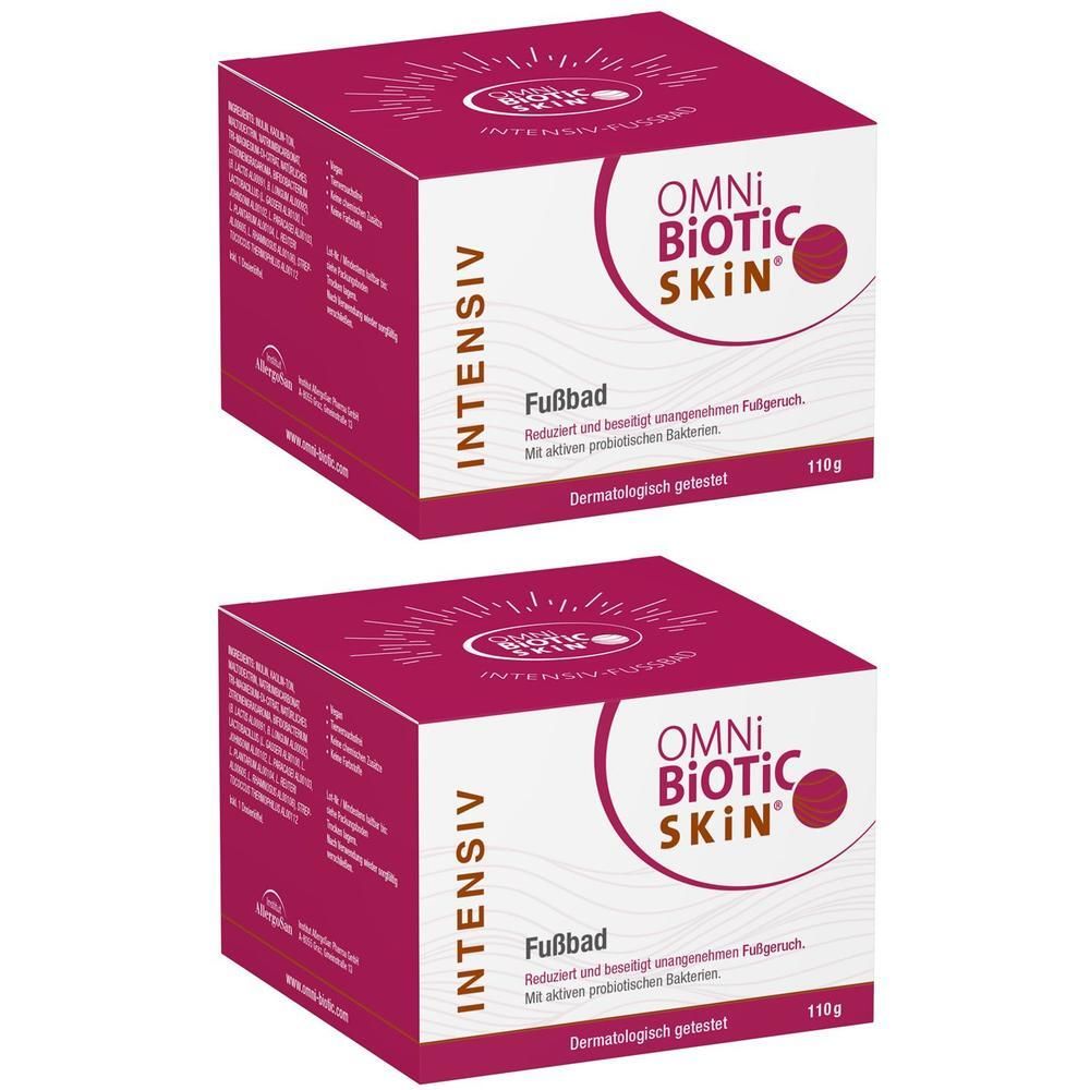 Zwei Schachteln OMNi-BiOTiC SKiN Intensiv-Fußbad, 110g. Dermatologisch getestet.