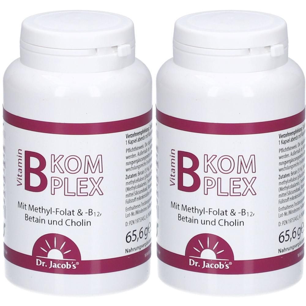Zwei weiße Flaschen Dr. Jacob's Vitamin B Komplex mit Informationen zu Inhaltsstoffen und Gewicht.