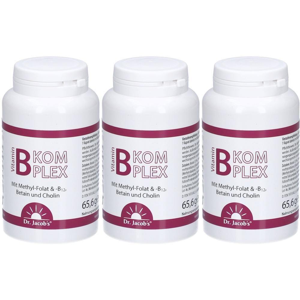 Drei weiße Flaschen mit Vitamin-B-Komplex von Dr. Jacob's. Jede Flasche enthält 65,6g.