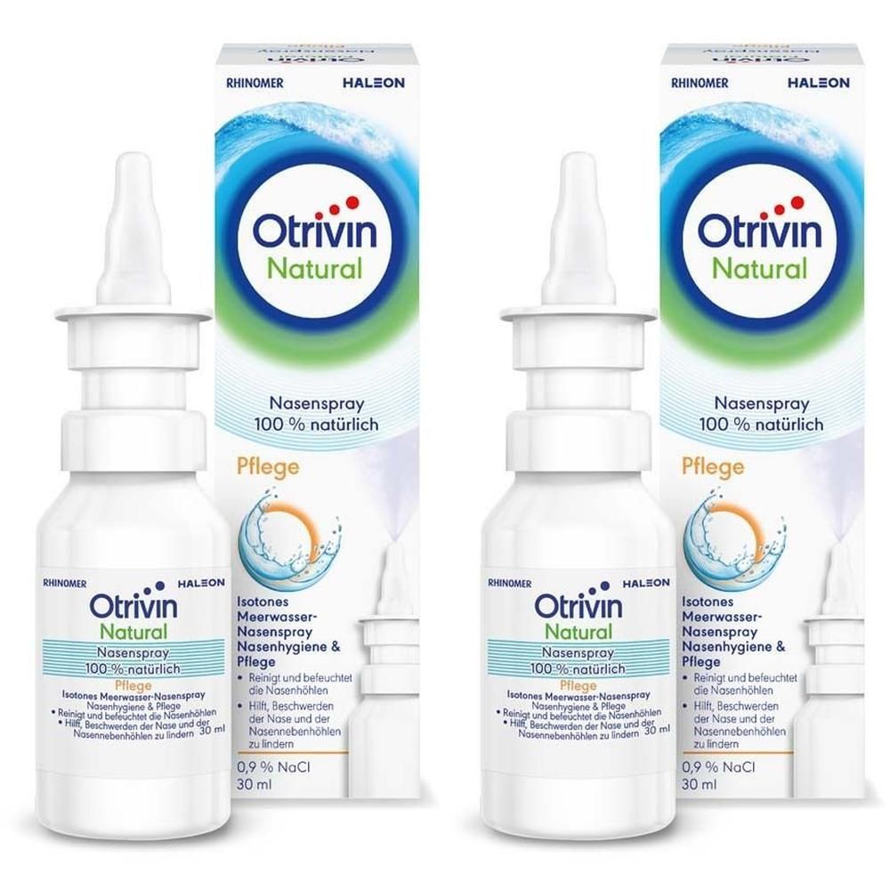 Zwei Flaschen Otrivin Natural Nasenspray Pflege, 30 ml, mit Sprühkopf.