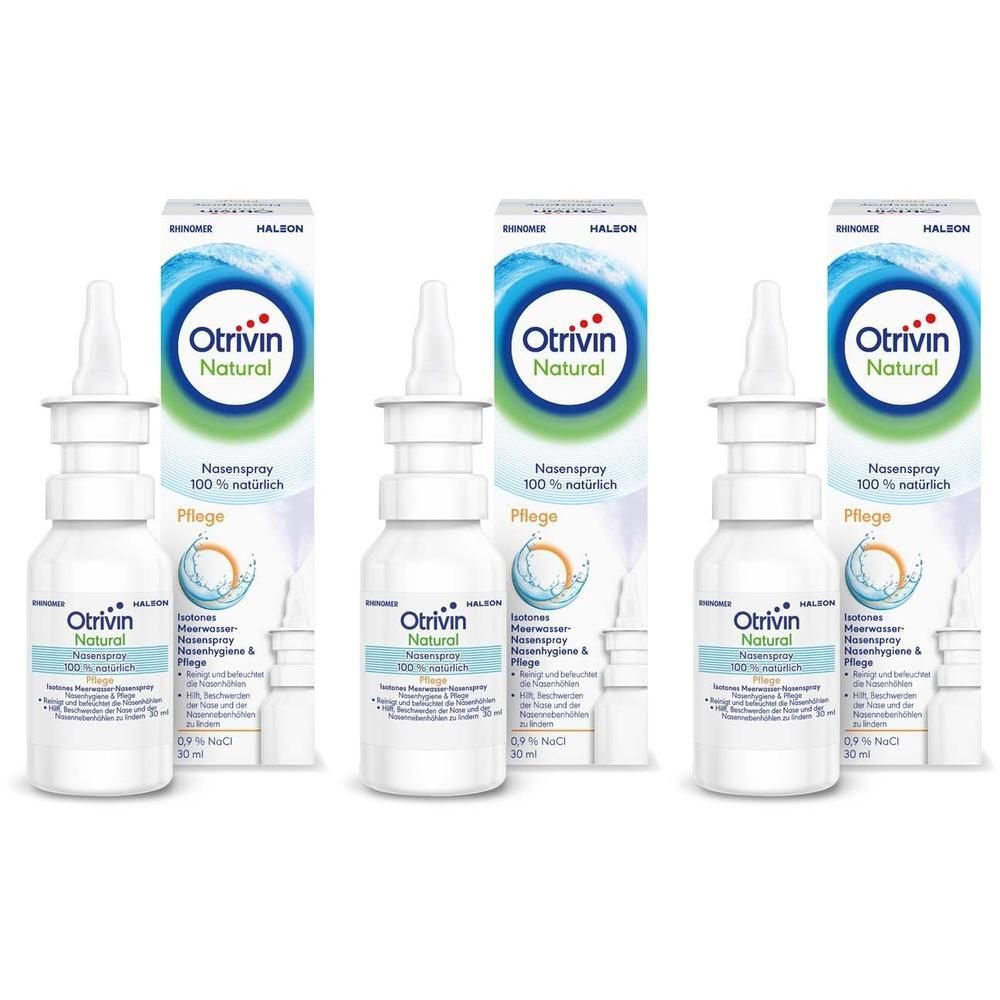 Drei Flaschen Otrivin Natural Nasenspray Pflege mit Kartonverpackung. 30 ml Flaschen mit weißem Sprühkopf.