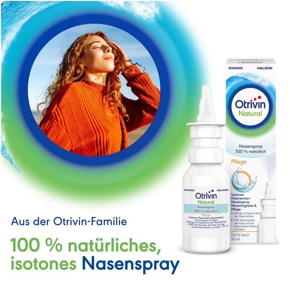 Otrivin Natural Nasenspray Pflege Flasche neben einem Porträt einer Frau im Freien. 100% natürliches, isotonisches Nasenspray.