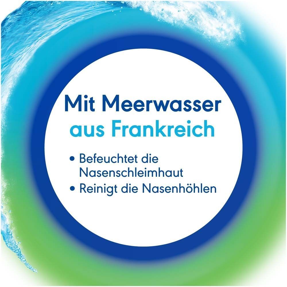 Kreisdiagramm mit Text 'Mit Meerwasser aus Frankreich'. Befeuchtet und reinigt die Nasenschleimhaut.