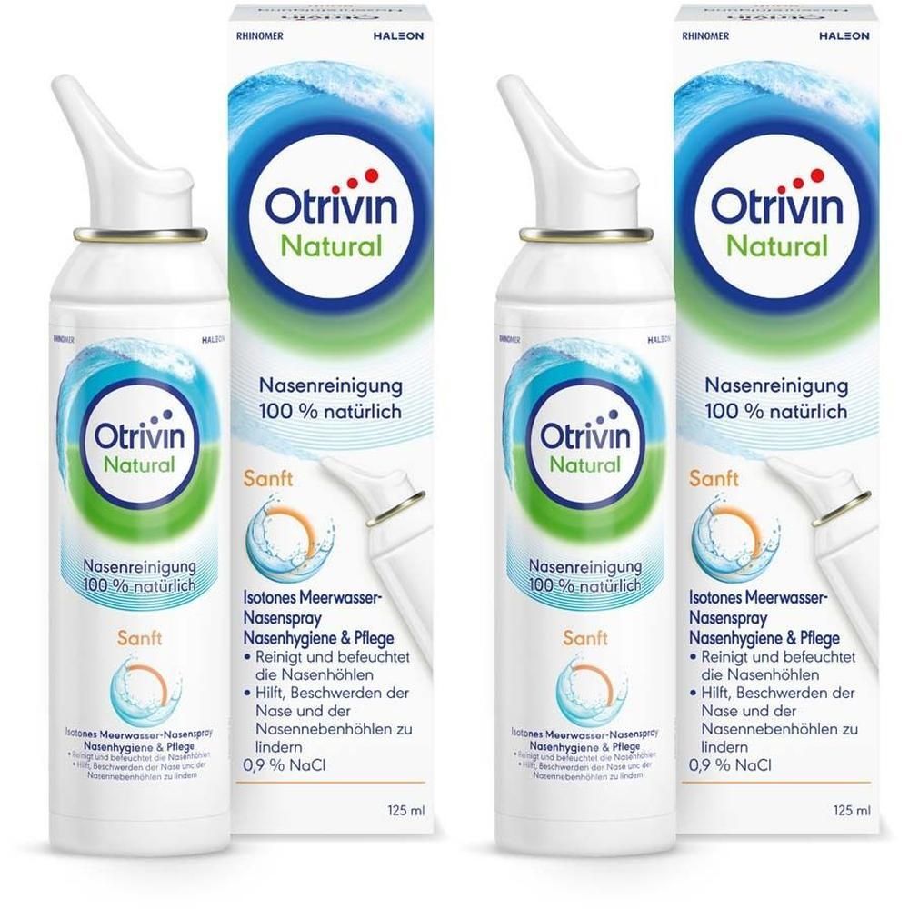 Zwei Packungen Otrivin Natural Nasenreinigung Sanft mit je einem Nasenspray und einer Faltschachtel.
