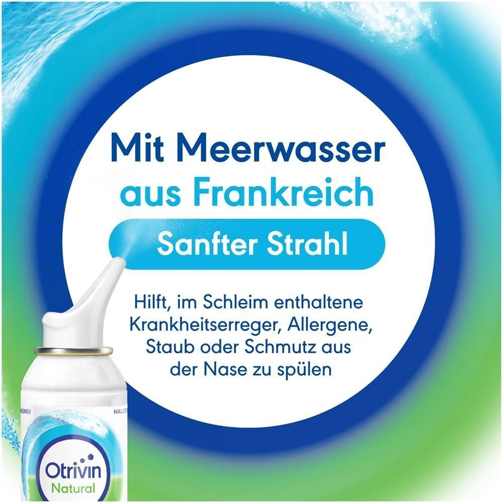 Nahaufnahme des Otrivin Natural Nasensprays mit sanftem Sprühstrahl und der Aufschrift 'Mit Meerwasser aus Frankreich'.