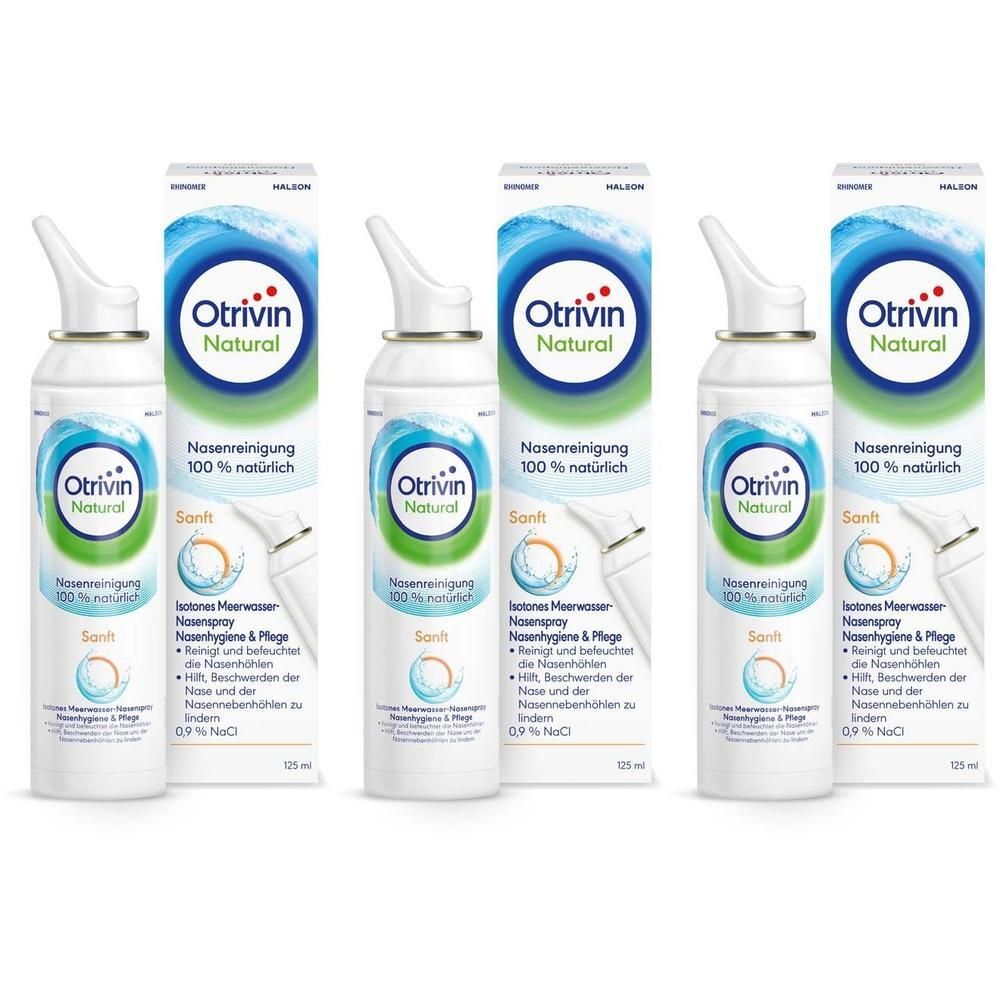 Drei Otrivin Natural Nasenreinigung Sanft Sprays mit Applikator. Kartons im Hintergrund.