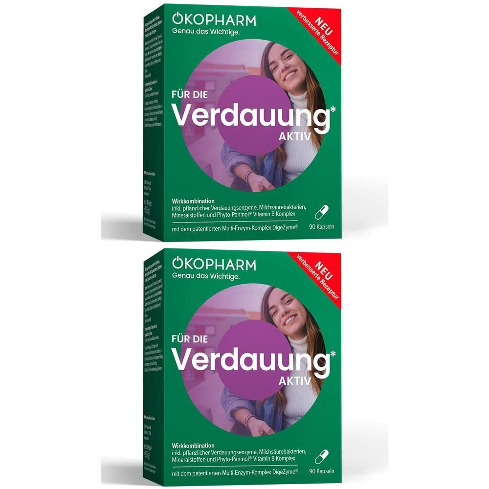 Zwei grüne Kartons für Verdauung Aktiv Kapseln mit Bild einer lächelnden Frau und Produktinformationen.