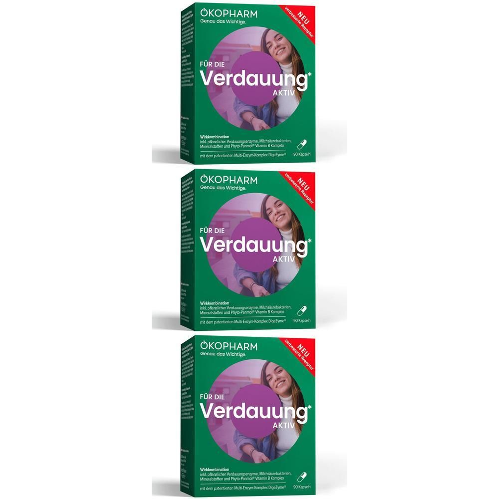 Drei Packungen OEKO VERDAUUNG AKTIV KPS x3, grüne Kartons mit Bild einer lächelnden Frau und Produktinformationen.