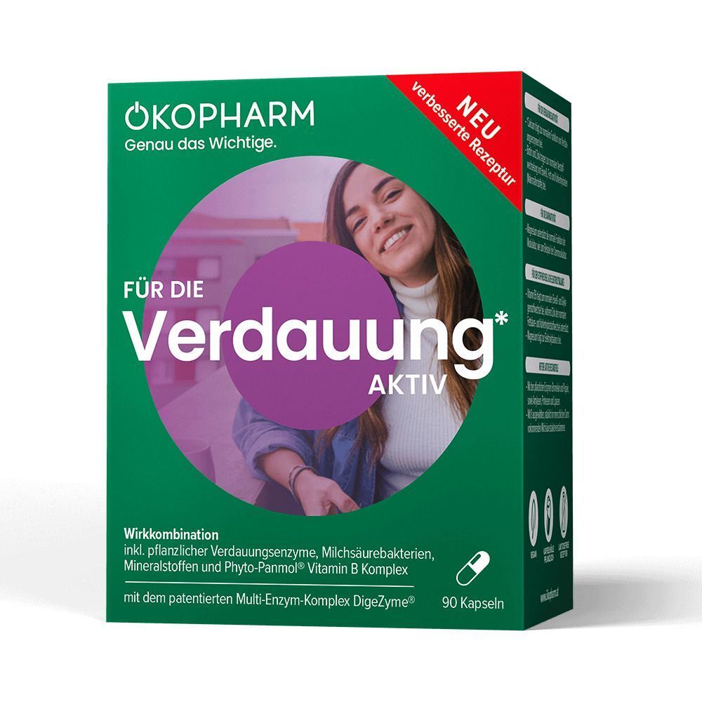 Eine Packung OEKO VERDAUUNG AKTIV KPS x3, grüne Kartonschachtel mit Bild einer lächelnden Frau, "Neu"-Aufkleber und Kapsel-Symbol.