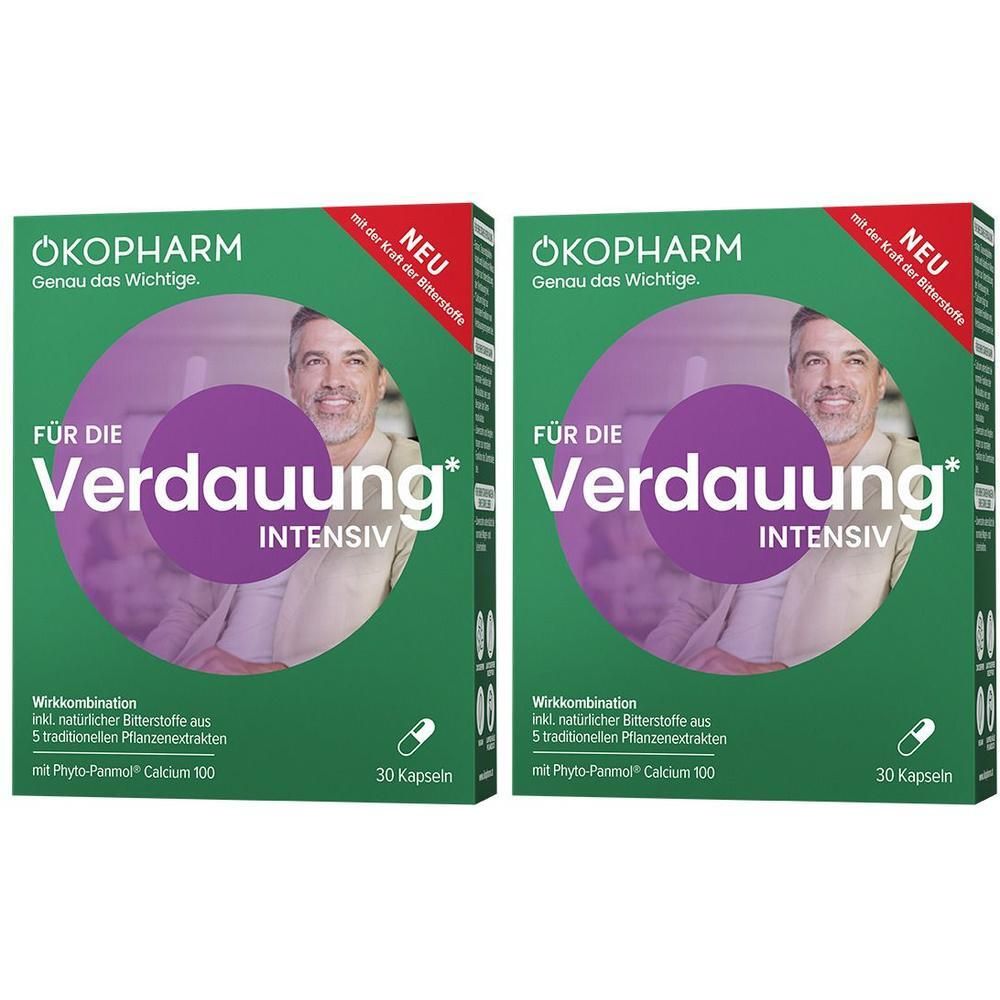 Zwei Packungen Öko-Pharm Verdauung Intensiv Kapseln, 30 Kapseln pro Packung.