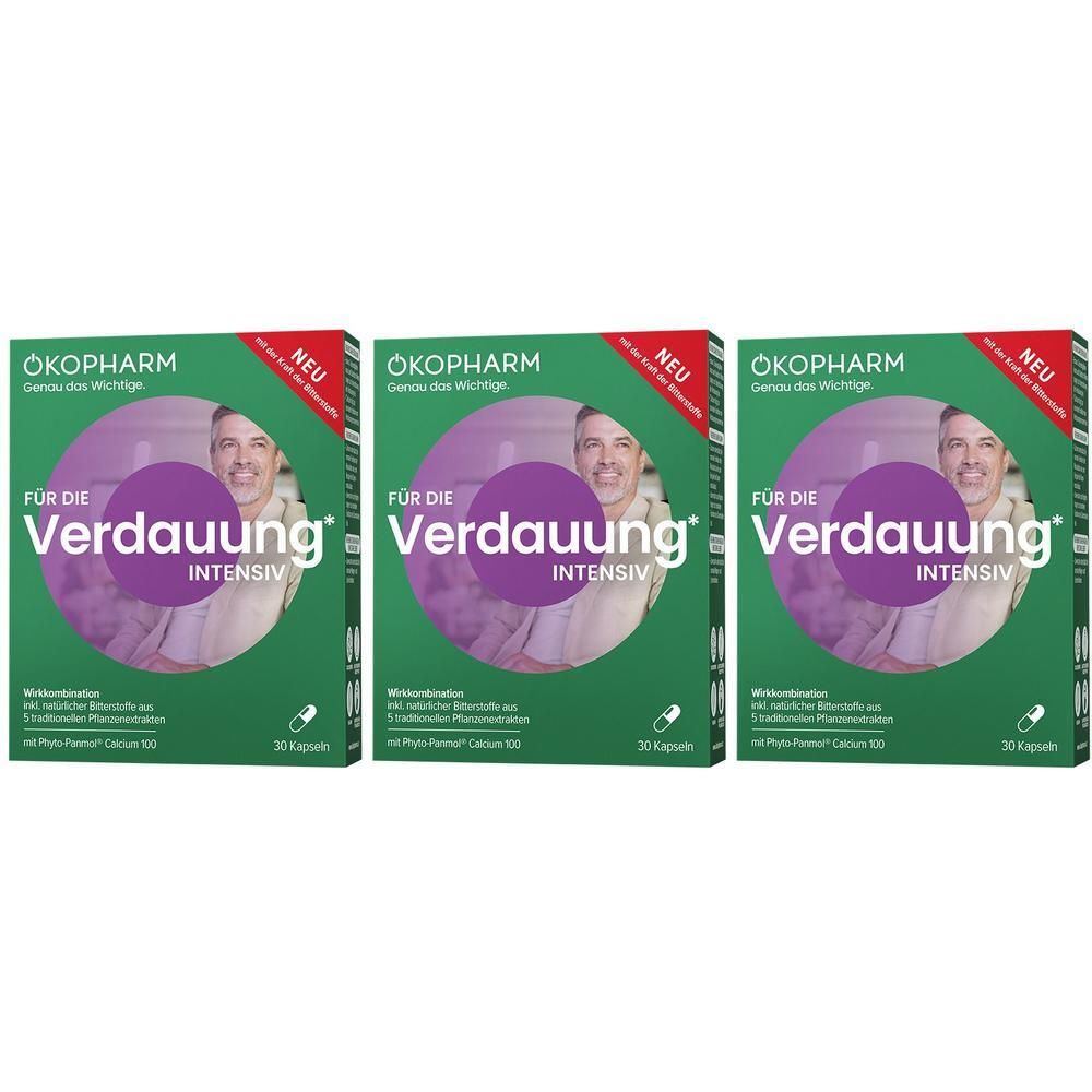 Drei Packungen Öko-Pharm Verdauung Intensiv Kapseln mit je 30 Kapseln. Grüne Verpackung mit lila Kreis und Bild eines Mannes.