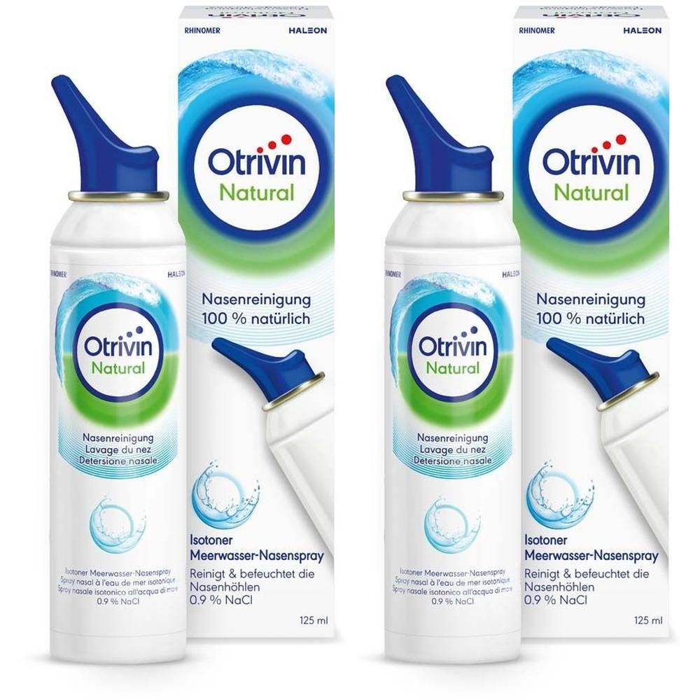 Zwei Otrivin Natural Nasenspray-Flaschen mit Kartonverpackung. Isotonisches Meerwasser-Nasenspray.