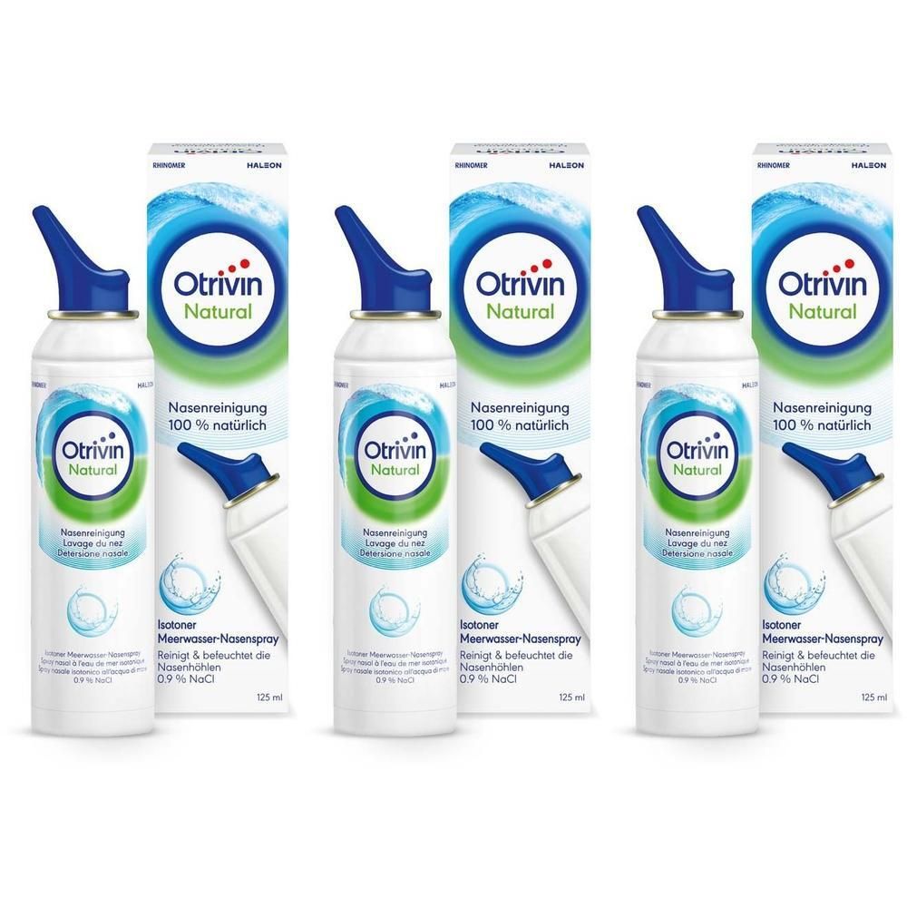 Drei Otrivin Natural Nasenspray-Flaschen und Kartons.