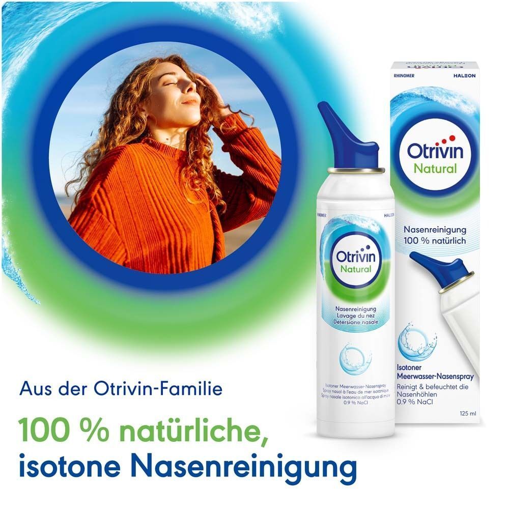 Otrivin Natural Nasenspray neben einer Frau mit geschlossenen Augen.
