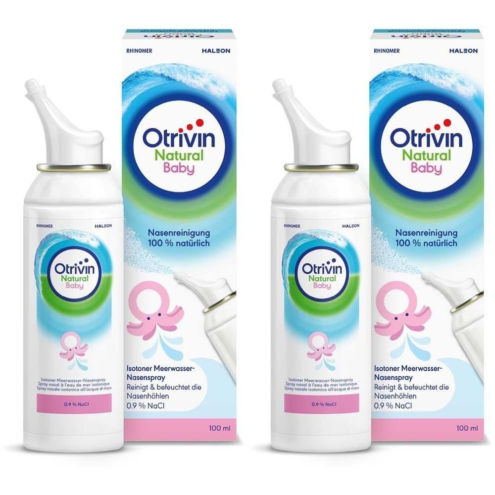 Zwei Flaschen Otrivin Natural Baby Nasenreinigung mit isotoner Meerwasserlösung, 0.9% NaCl.