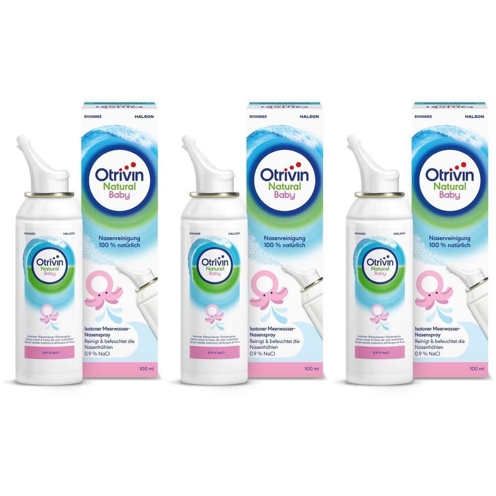 Drei Sprühflaschen Otrivin Natural Nasenreinigung Baby mit Applikator.