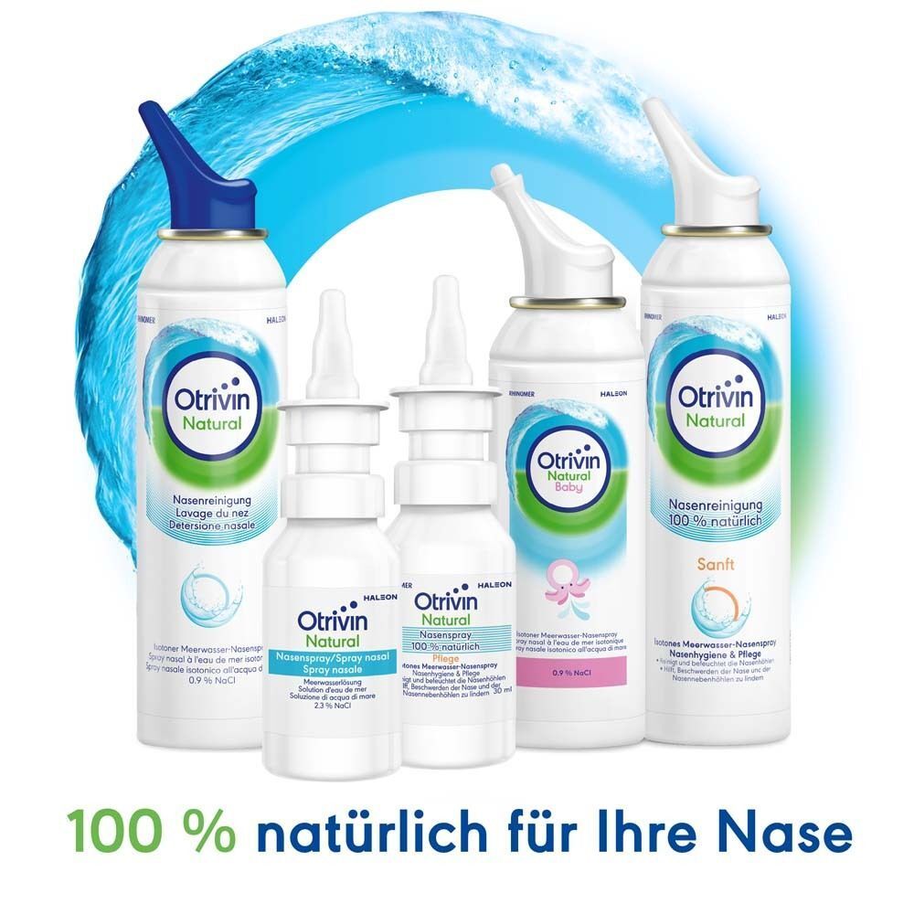 Fünf Flaschen Otrivin Natural in verschiedenen Größen und Designs.