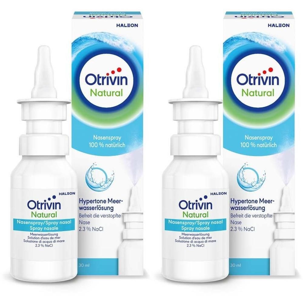 Zwei Flaschen Otrivin Natural Nasenspray mit Verpackung. 100% natürlich, hypertone Meerwasserlösung.