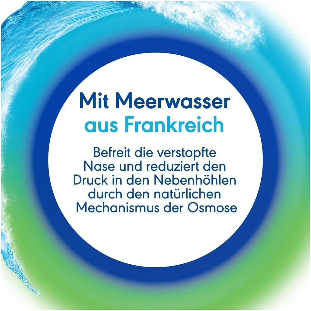 Kreis mit Text 'Mit Meerwasser aus Frankreich'. Befreit die verstopfte Nase durch Osmose.