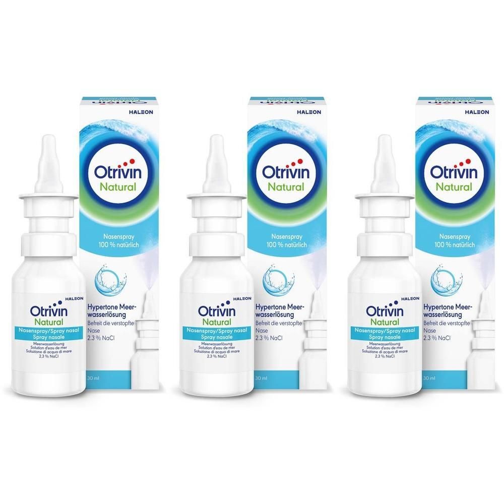 Drei Flaschen Otrivin Natural Nasenspray mit Schachteln. Natürliches Nasenspray mit Meerwasser.