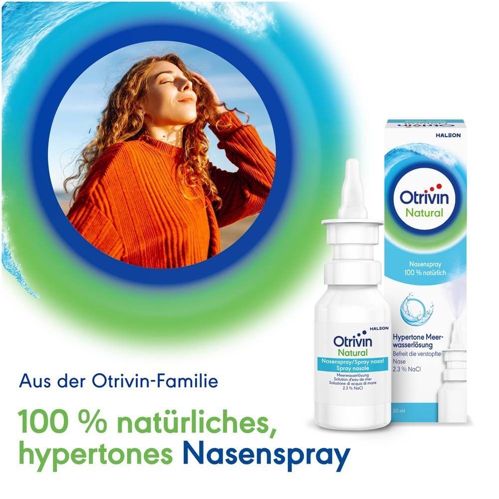 Otrivin Natural Nasenspray Flasche neben einer Schachtel. Frau mit geschlossenen Augen im Sonnenlicht.