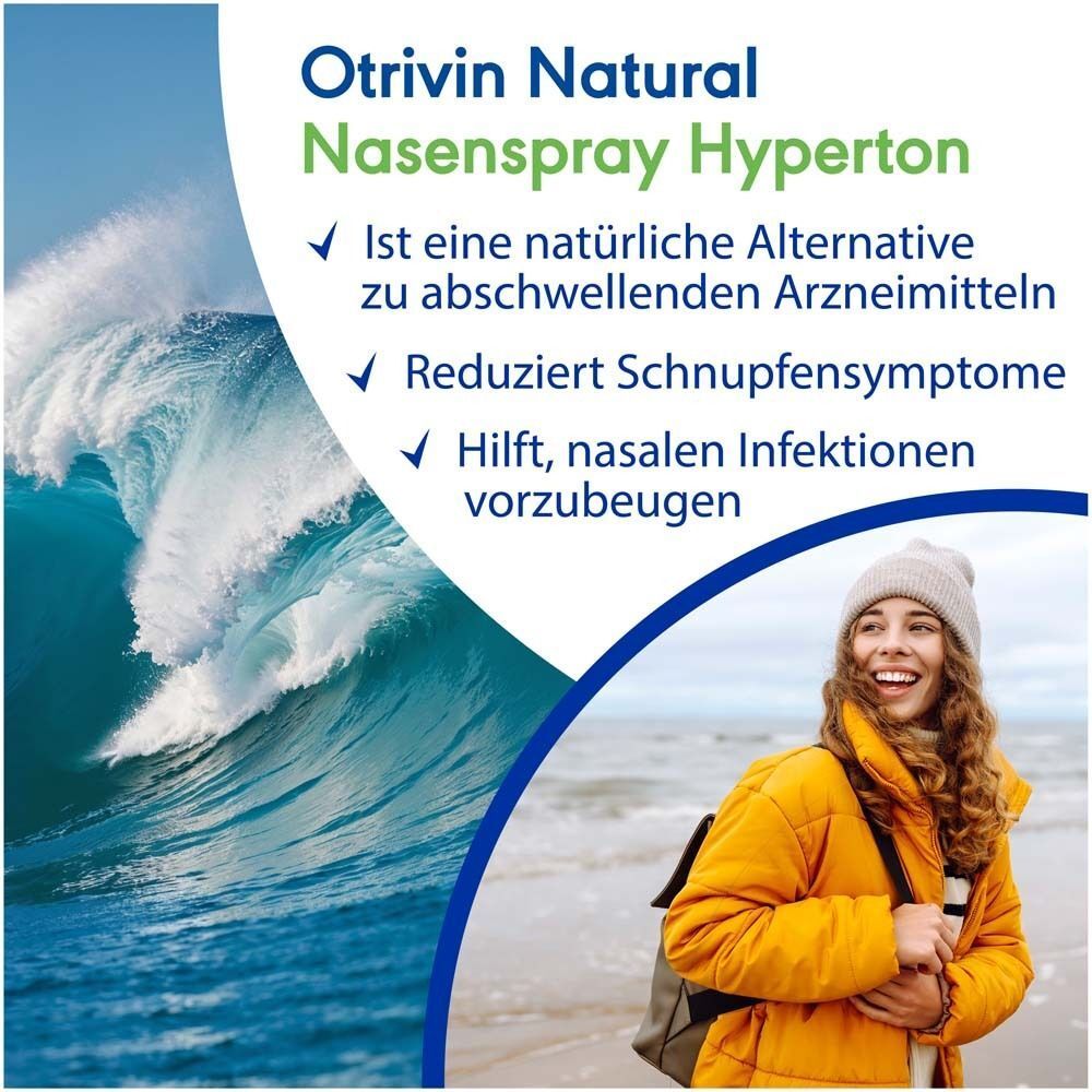 Otrivin Natural Nasenspray Hyperton. Frau mit gelber Jacke am Strand. Natürliche Alternative.