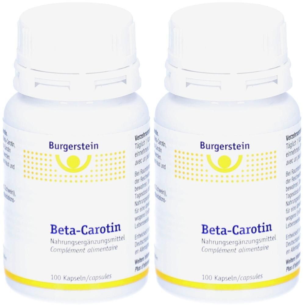 Zwei Dosen Burgerstein Beta-Carotin, Nahrungsergänzungsmittel, 100 Kapseln pro Dose.