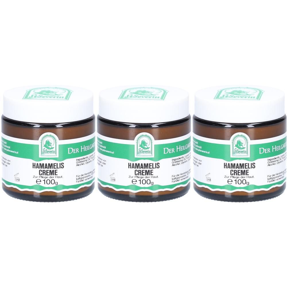 Drei braune Tiegel mit Hamamelis Creme, jeweils 100g.