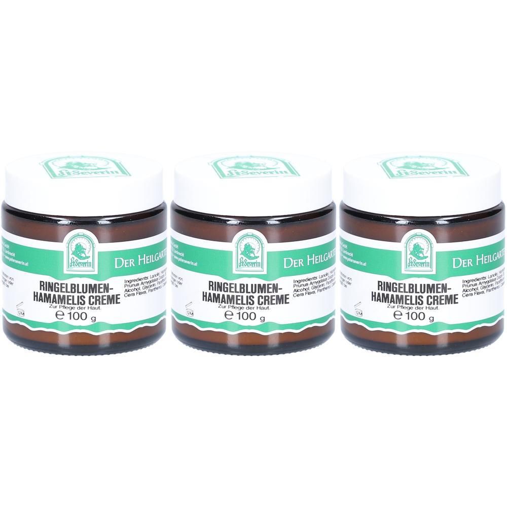 Drei Tiegel Ringelblumen-Hamamelis Creme, je 100g. Hautpflegecreme mit Ringelblumen- und Hamamelis-Extrakten.