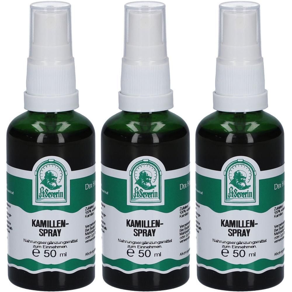 Drei grüne Sprühflaschen mit Kamillen-Spray, jeweils 50 ml.