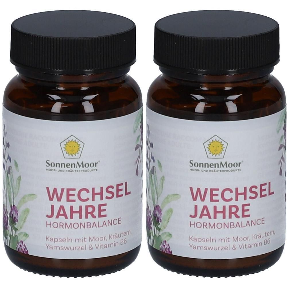 Zwei Flaschen SonnenMoor Wechseljahre Hormonbalance Kapseln mit Moor, Kräutern, Yamswurzel & Vitamin B6.
