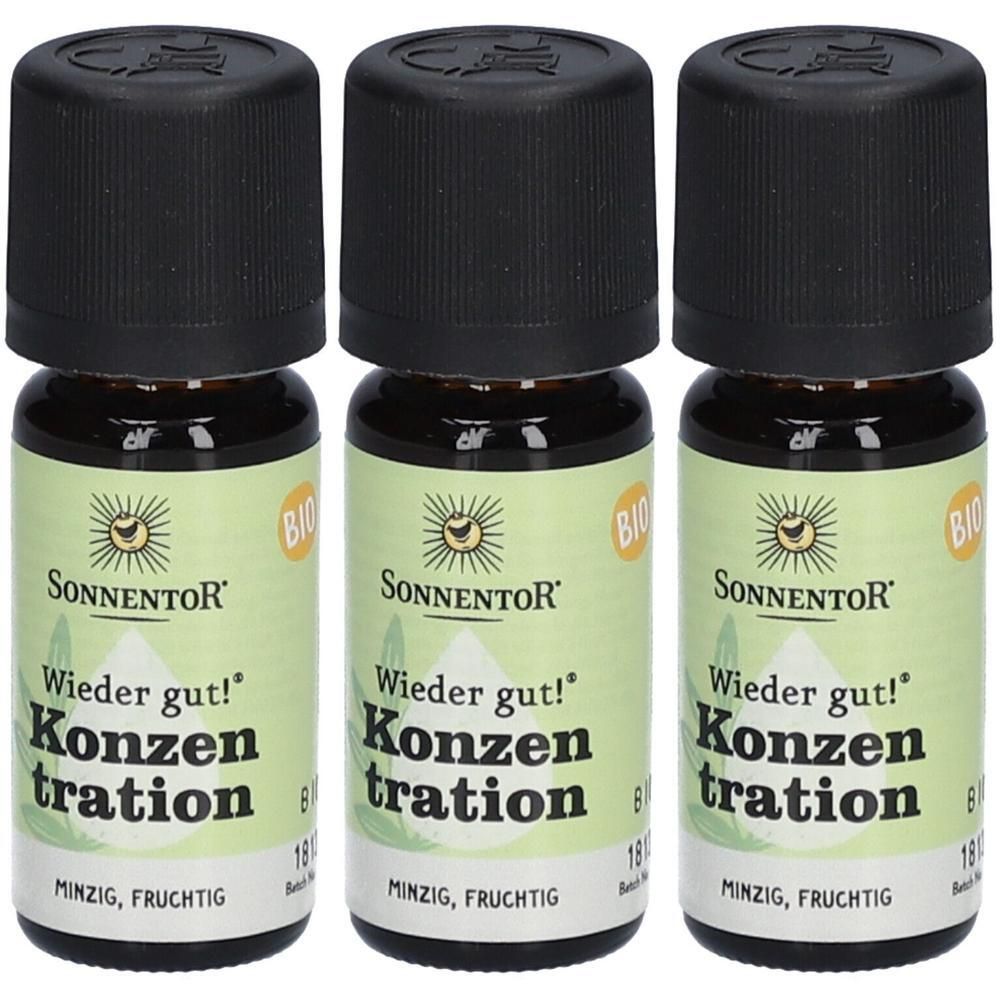 Drei kleine braune Glasflaschen mit schwarzen Schraubverschlüssen. Etiketten zeigen "Sonnentor", "Wieder gut! Konzentration", "BIO" und "Minzig, Fruchtig".