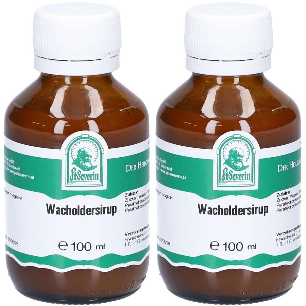 Zwei Flaschen Wacholdersirup von St. Severin, jeweils 100 ml.