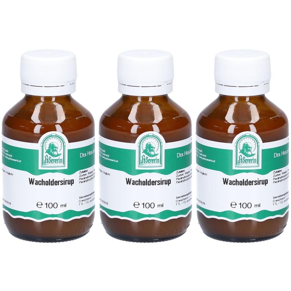 Drei braune Glasflaschen mit weißem Deckel, gefüllt mit Wacholdersirup, jeweils 100 ml.