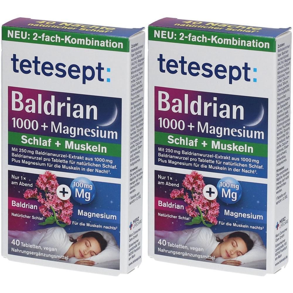 Tetesept Baldrian 1000 + Magnesium Schlaf + Muskeln, 2 Packungen mit je 40 Tabletten.