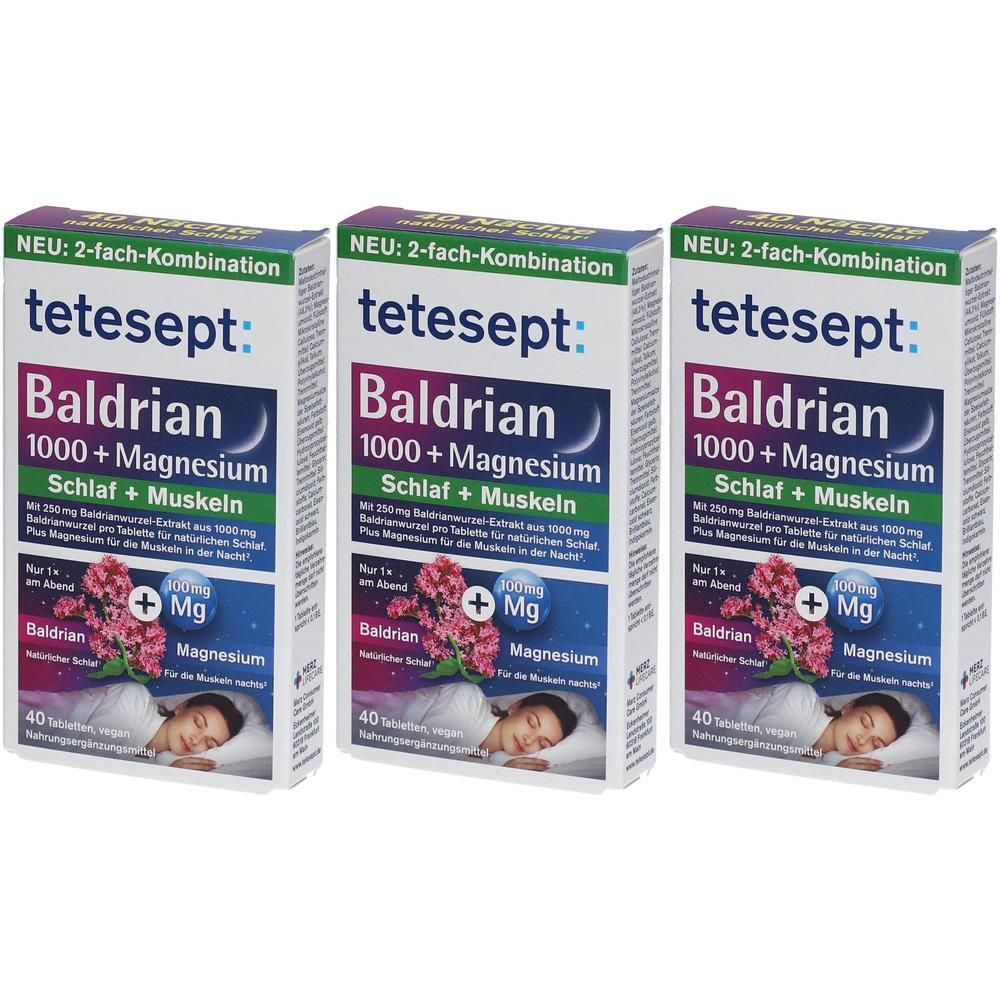 Drei Packungen Tetesept Baldrian 1000 + Magnesium Schlaf + Muskeln, 40 Tabletten pro Packung.