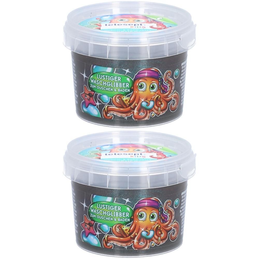 Zwei Behälter tetesept® Kids Dusch- & Badegel mit Oktopus-Motiv.