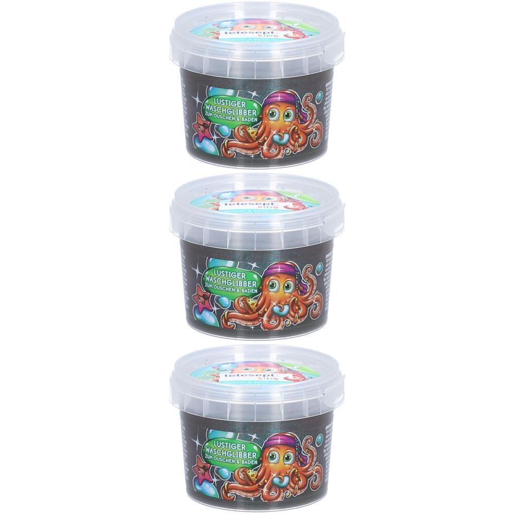 Drei Behälter mit tetesept® Kids Dusch- & Badegel Krakenschatz. Jede Verpackung zeigt einen Cartoon-Oktopus.