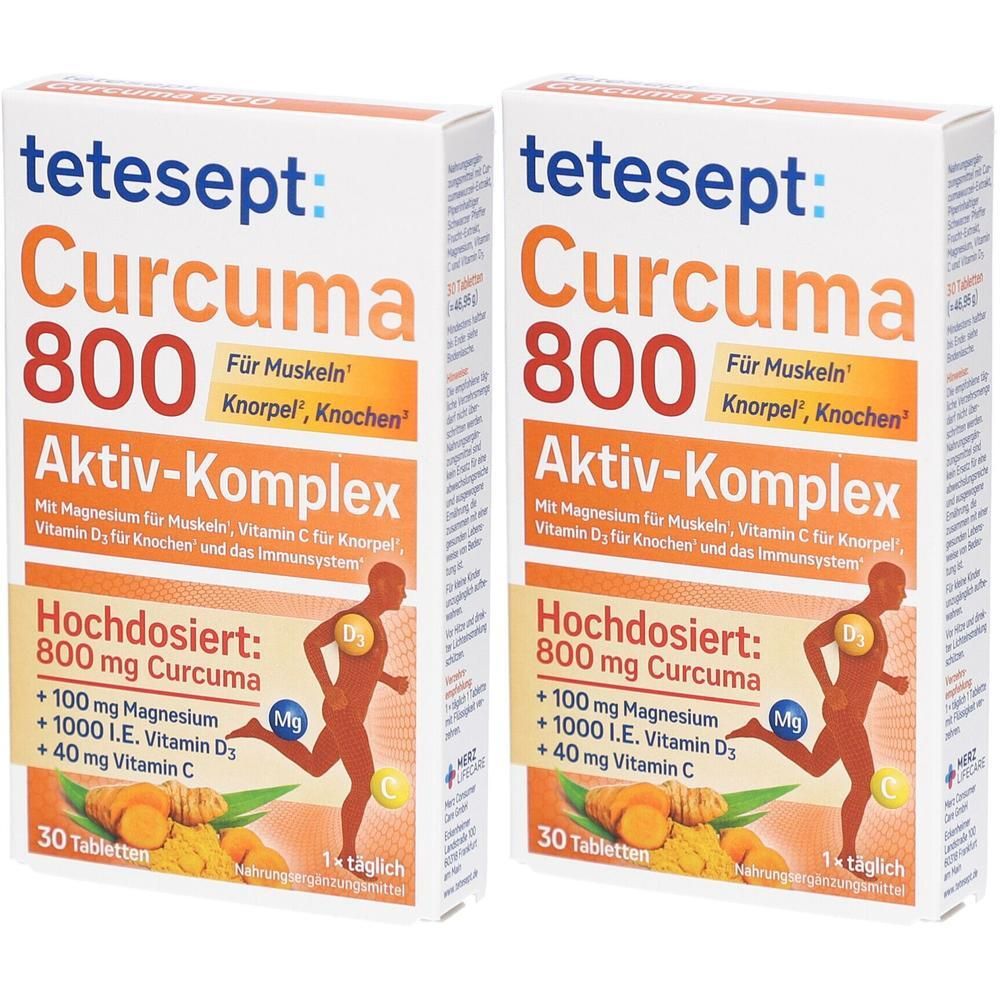 Zwei Packungen tetesept Curcuma 800 Aktiv-Komplex mit je 30 Tabletten. Enthält Curcuma, Magnesium, Vitamin C und D3.