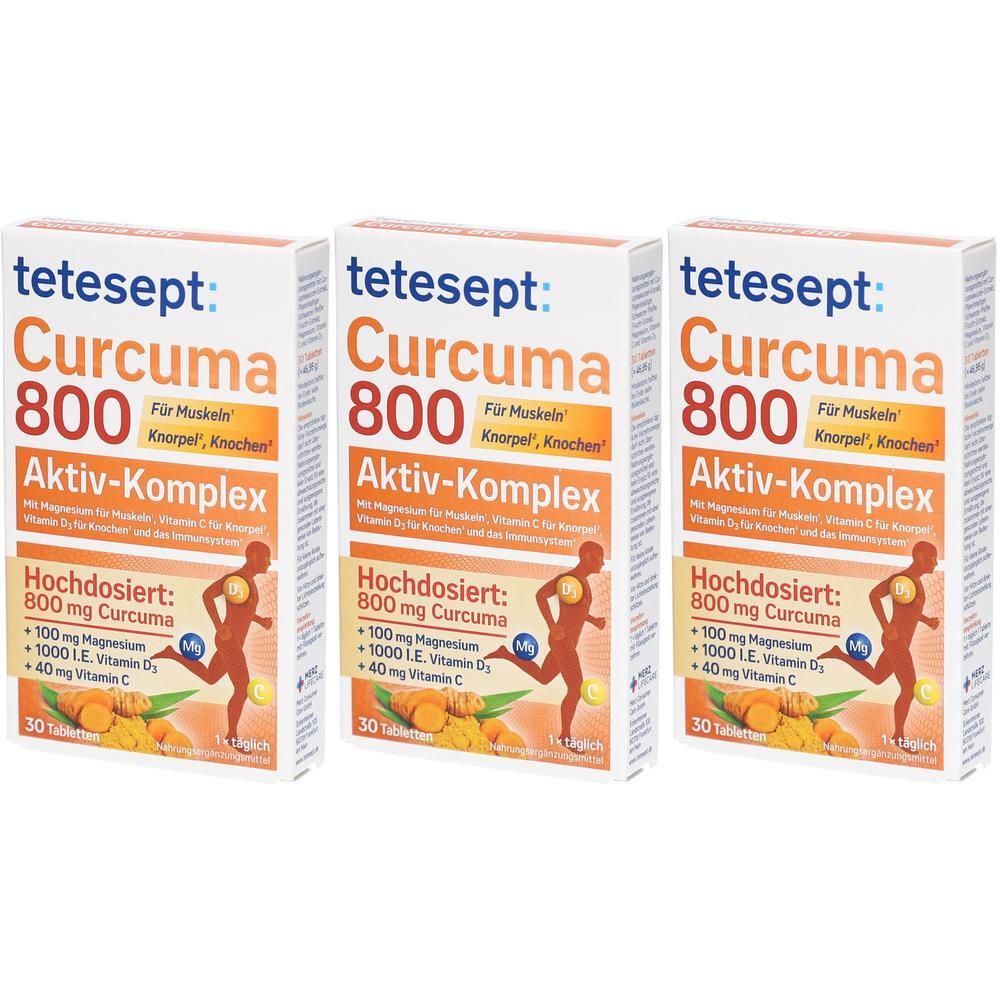Drei Packungen tetesept Curcuma 800 Aktiv-Komplex mit je 30 Tabletten. Enthält 800 mg Curcuma pro Tablette.