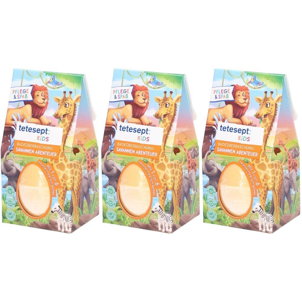 Drei tetesept® Kids Badeüberraschungen mit Savannen-Motiv: Giraffe, Elefanten, Löwe und Zebra. Jede Packung zeigt ein Ei.