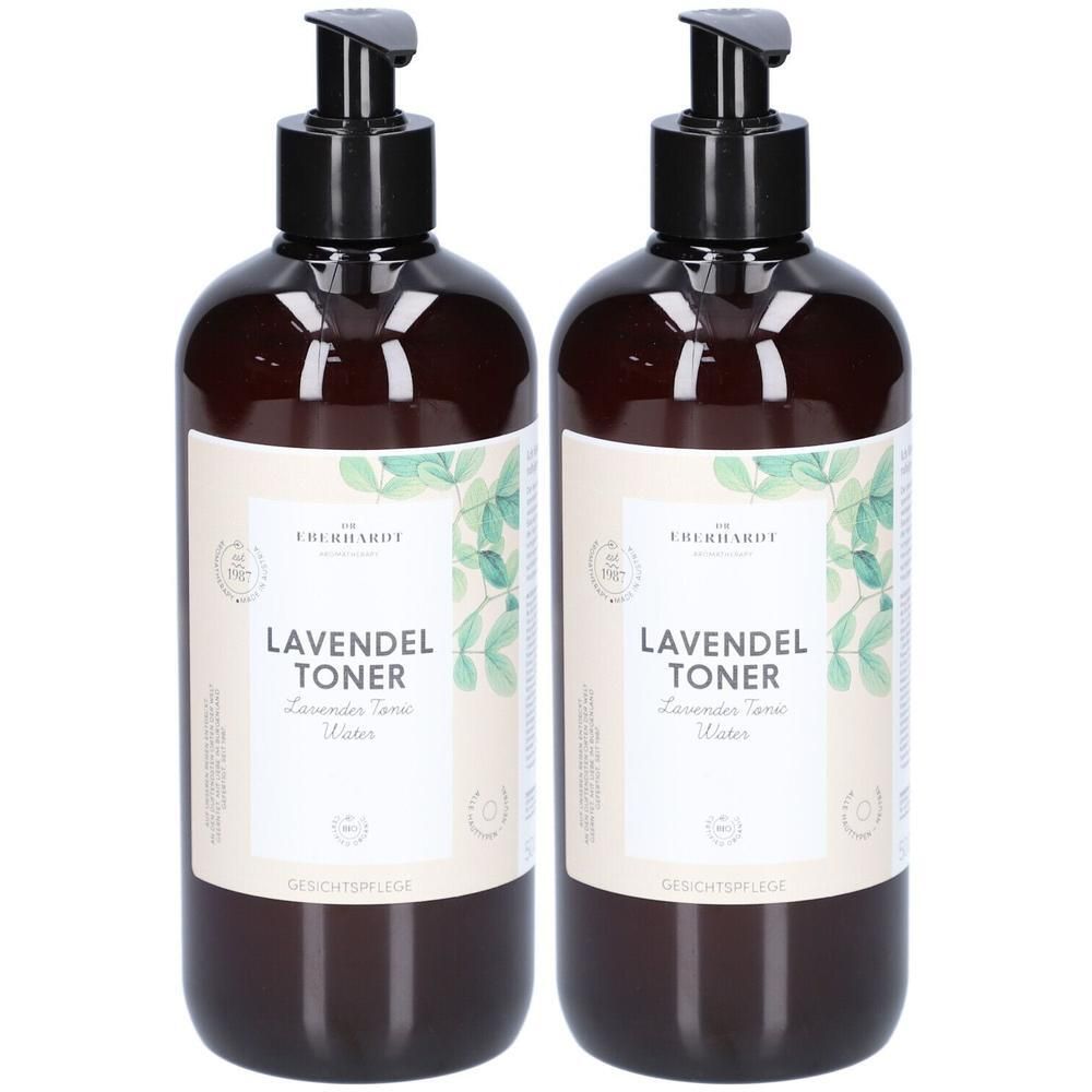 Zwei braune Pumpflaschen mit Lavendel Toner Etiketten und grünen Blättern.