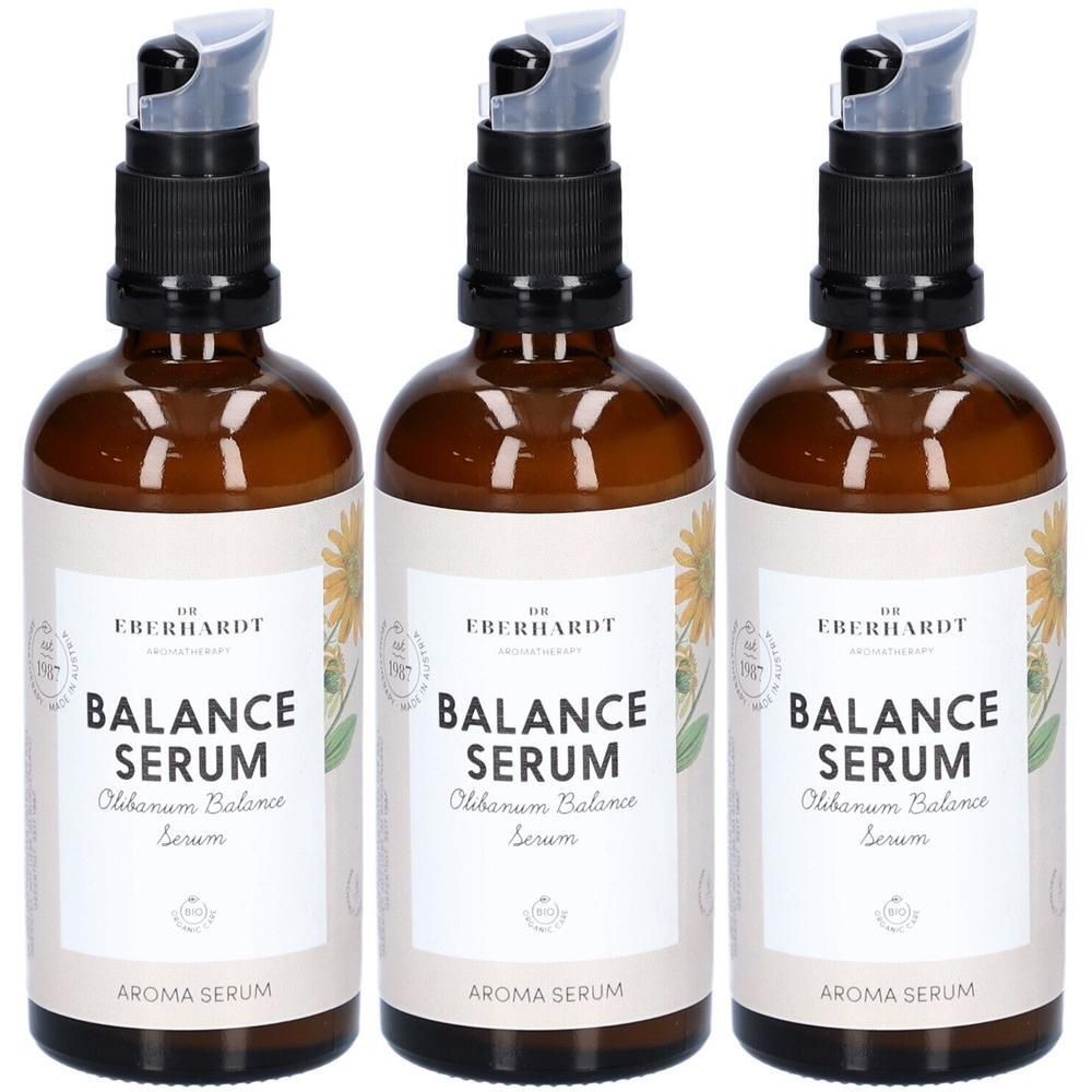 Drei braune Glasflaschen mit Pumpspendern, gefüllt mit Balance Serum.
