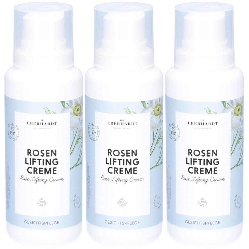 Drei Flaschen DR.EBERHARDT ROSEN LIFTING CREME Gesichtsspflege mit Pumpspender.