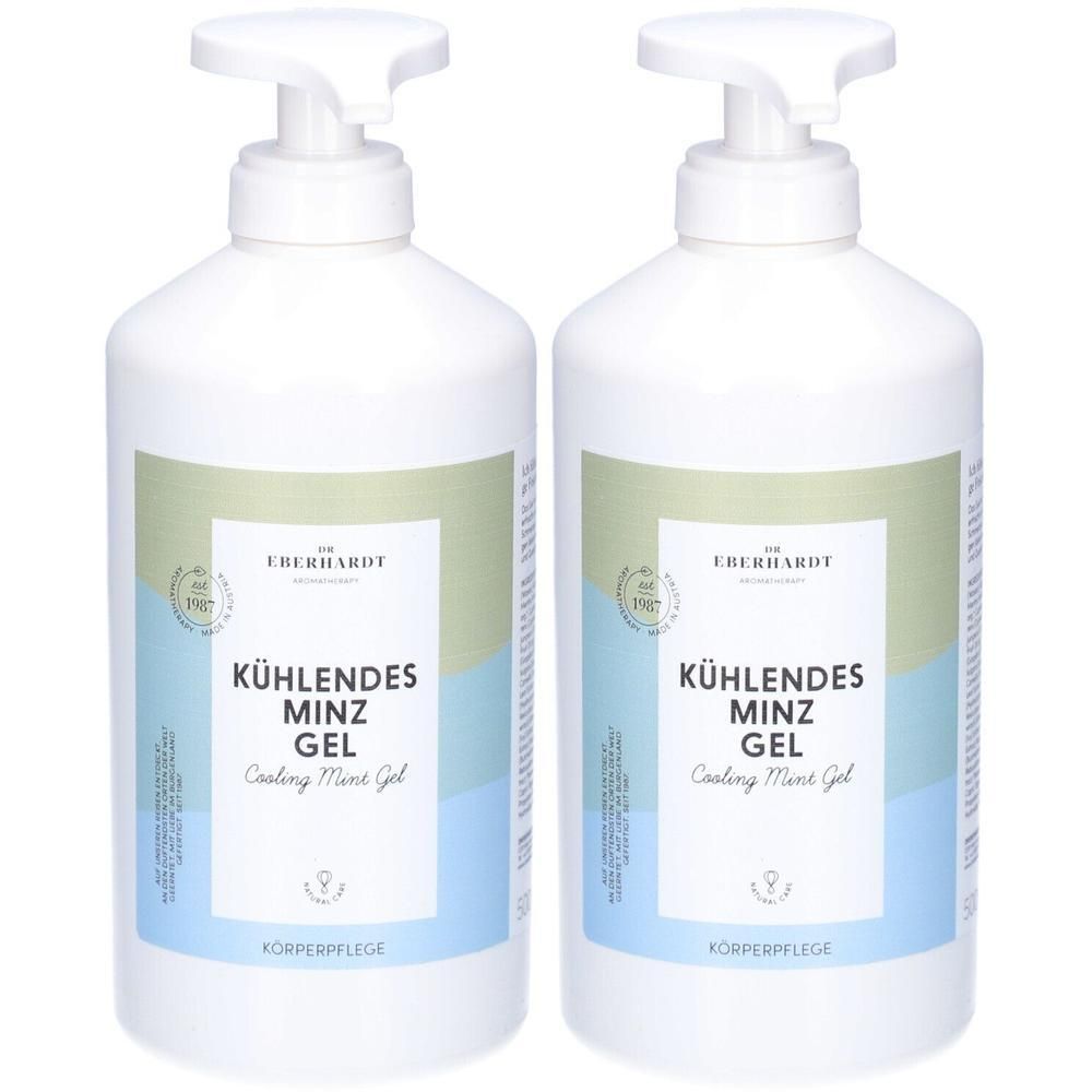Zwei weiße Pumpflaschen mit Kühlendes Minz Gel von Eberhardt. Körperpflege.