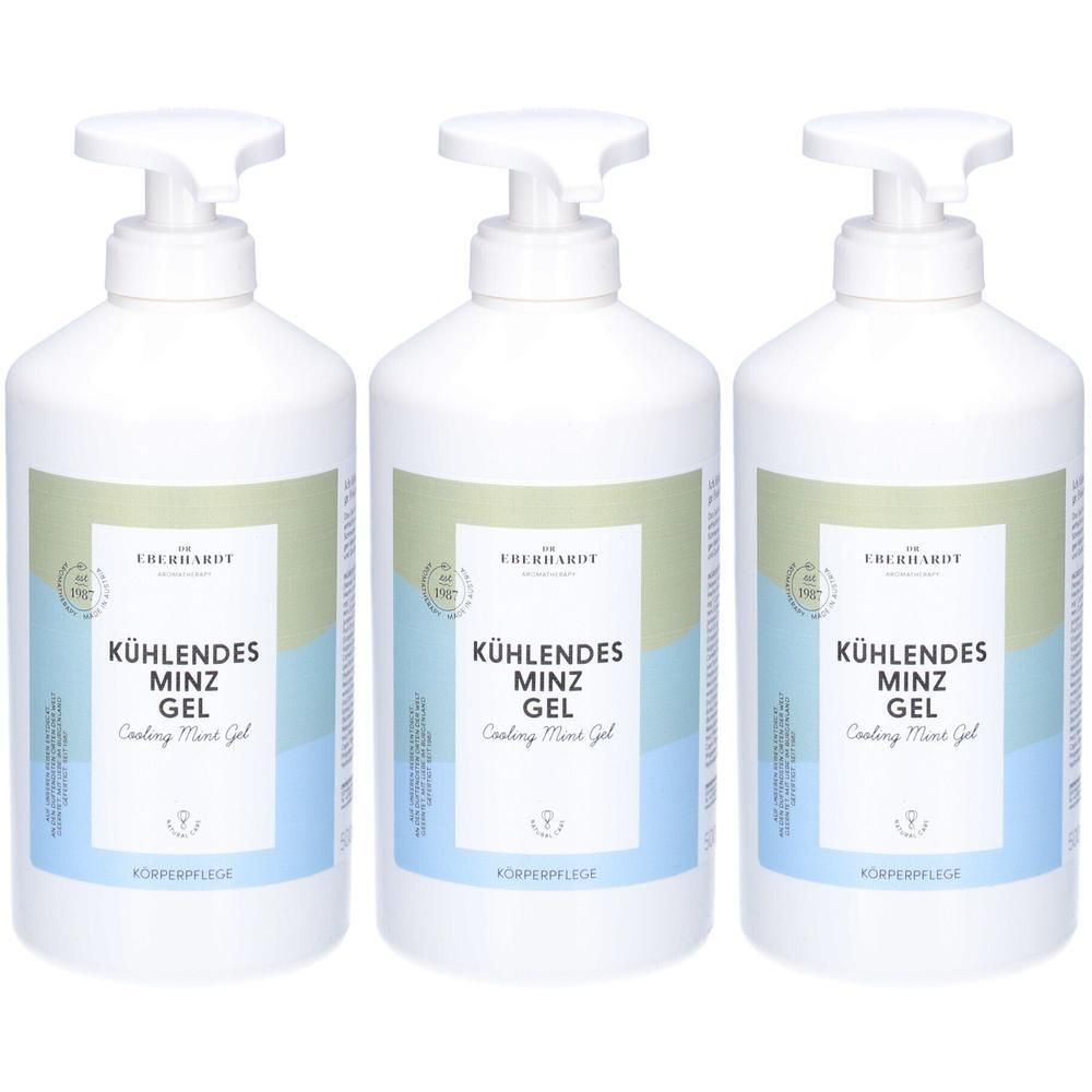 Drei weiße Pumpflaschen mit Kühlendes Minz Gel von Eberhardt. Körperpflege.