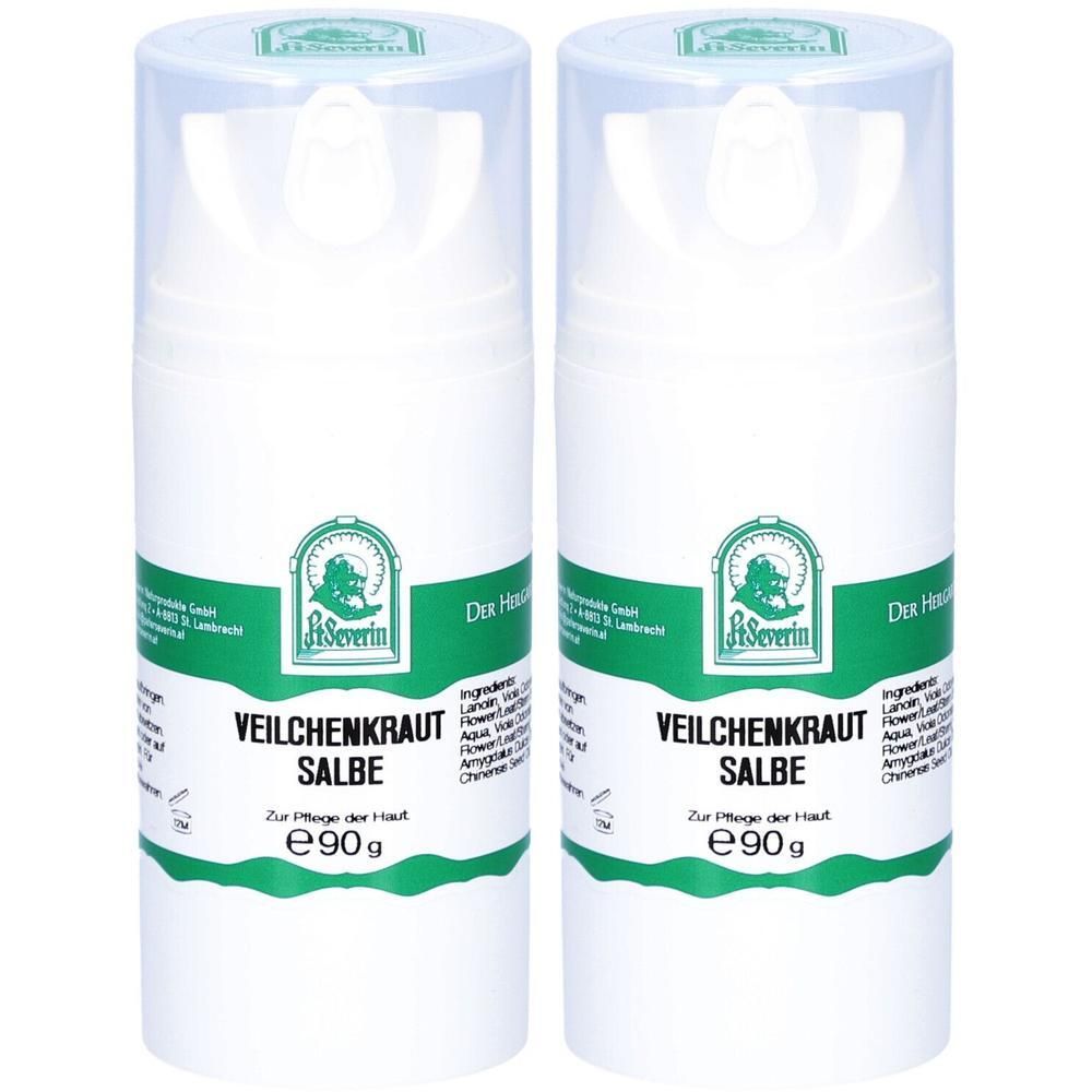 Zwei weiße Tiegel mit grünem Etikett: Veilchenkraut Salbe, 90g.