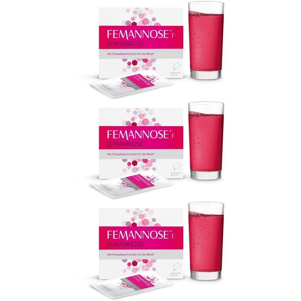 FEMANNOSE F D-MANNOSE Granulat: Drei Packungen und Gläser mit rosa Getränk.