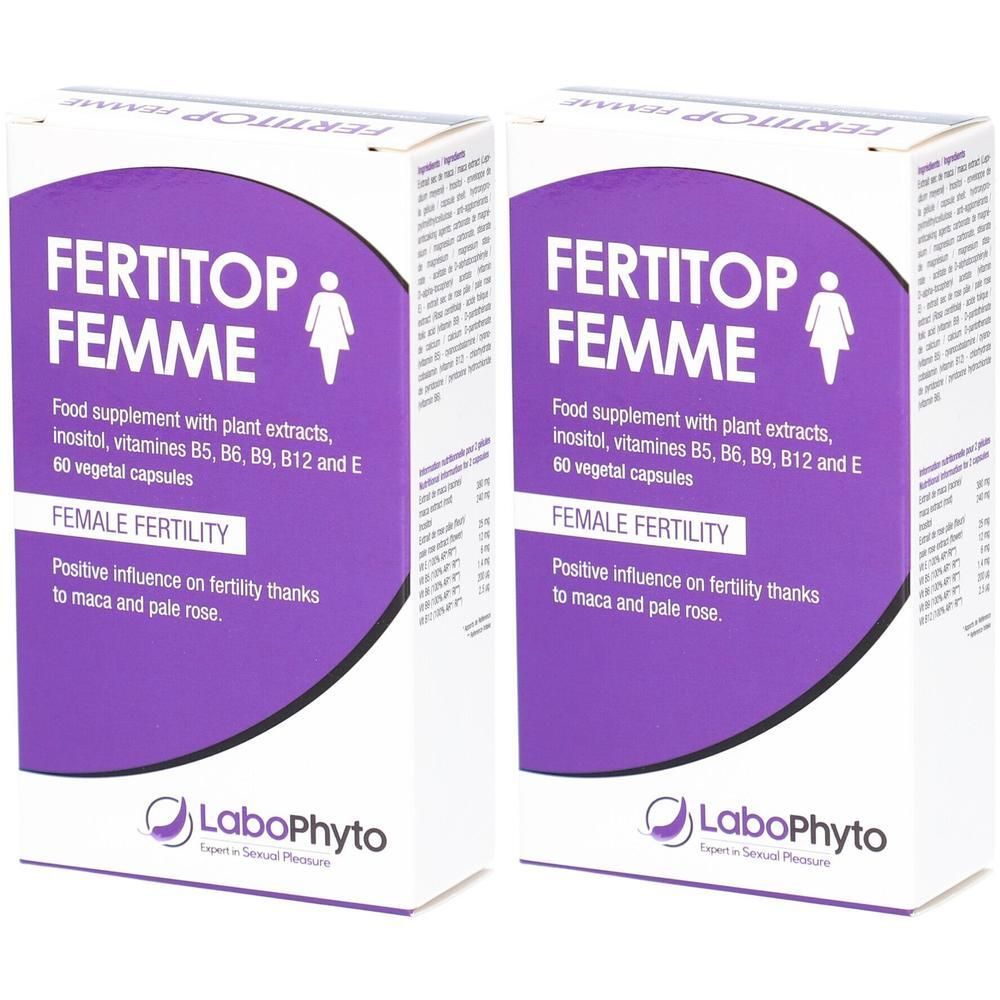 Zwei Packungen FERTITOP FEMME, Nahrungsergänzungsmittel für weibliche Fruchtbarkeit mit Pflanzenextrakten und Vitaminen.